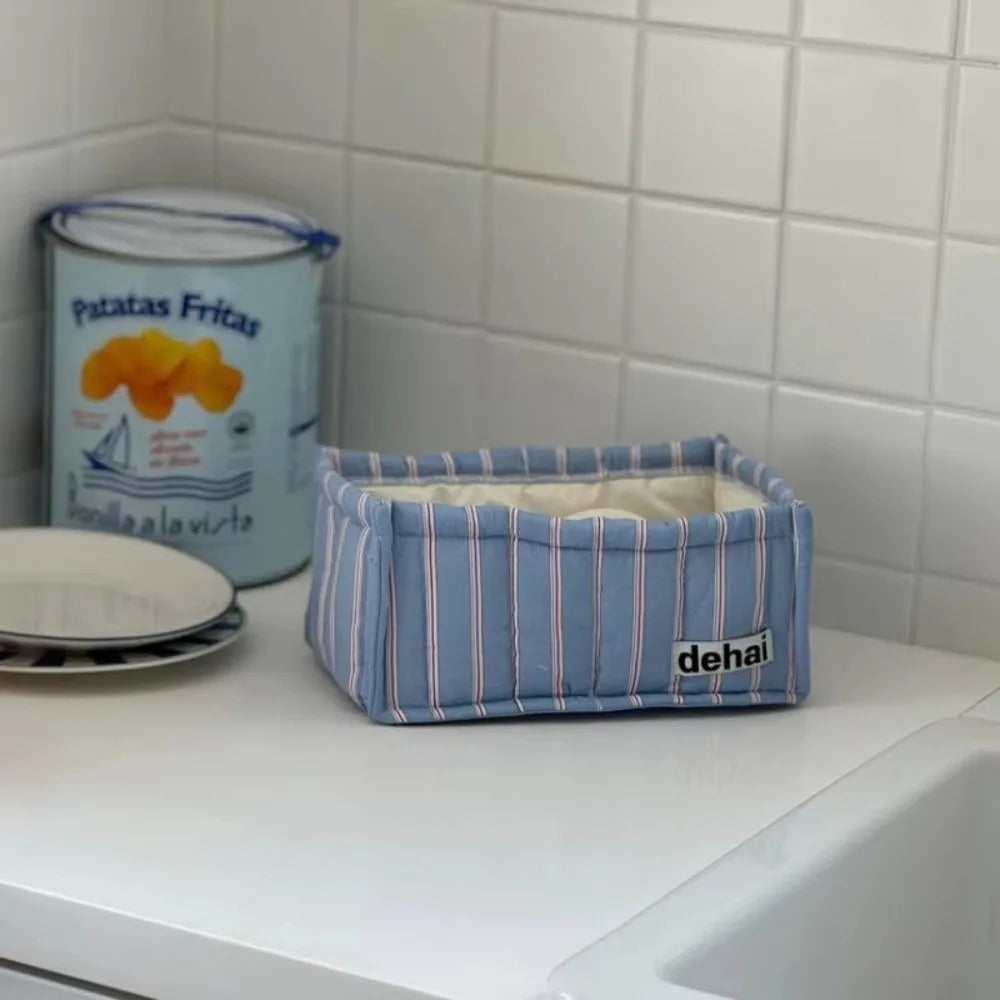 panier rangement tissu bleu rayures moderne blanc jaune multifonctionnel respectueux environnement