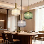 suspension lumineuse moderne vert gris doré rayures verticales opacité câble noir salon chambre étude