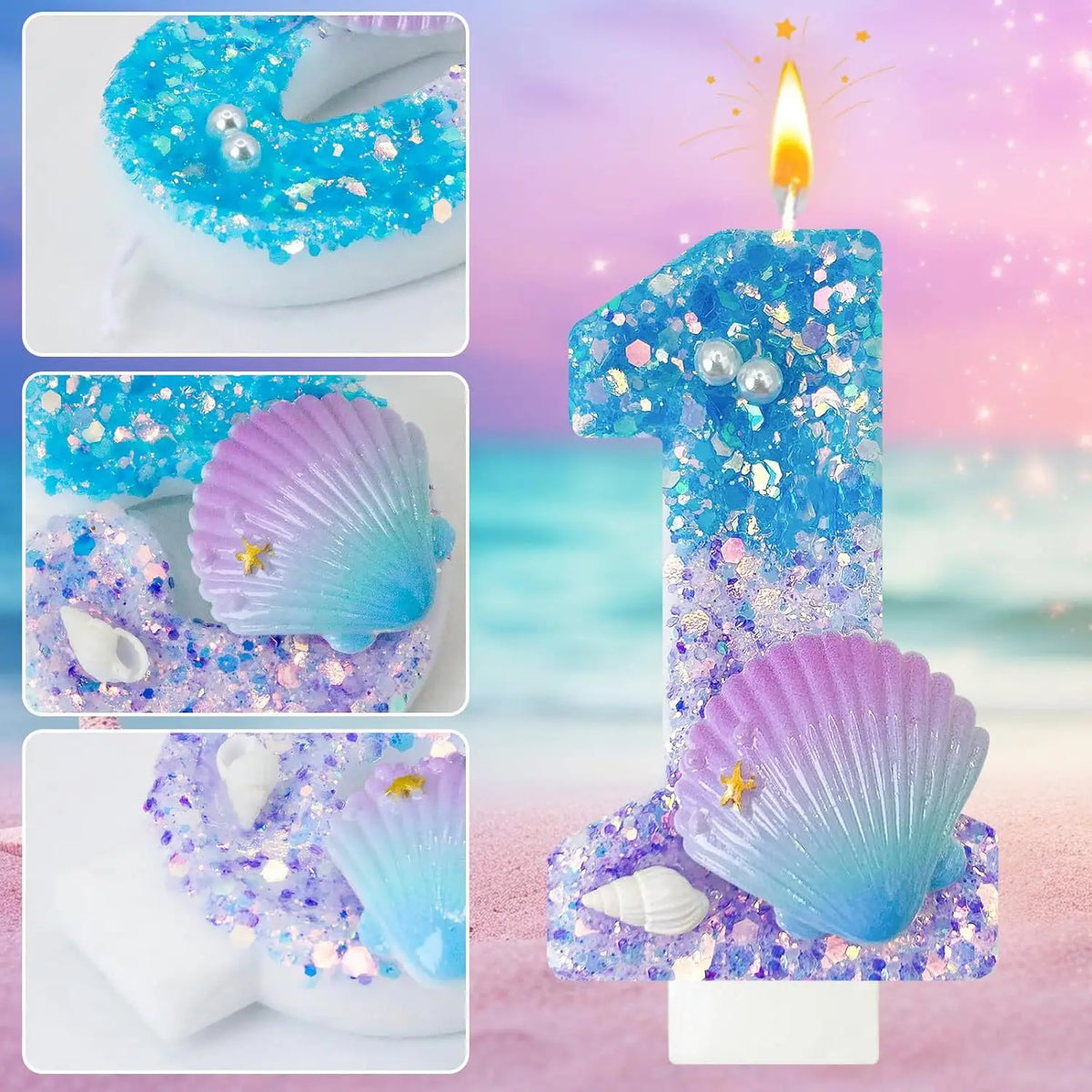 bougies numéraires paillettes sous marine coquillages décoratives anniversaire bleu violet blanc doré