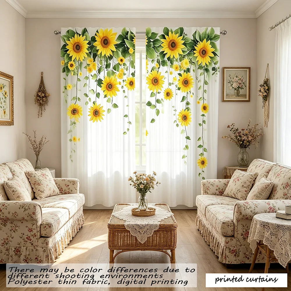 rideaux imprimés moderne tournesol blanc jaune vert transparent anneaux métalliques polyester