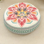 coussin rond boho chic motifs floraux géométriques antidérapant polyester blanc bleu