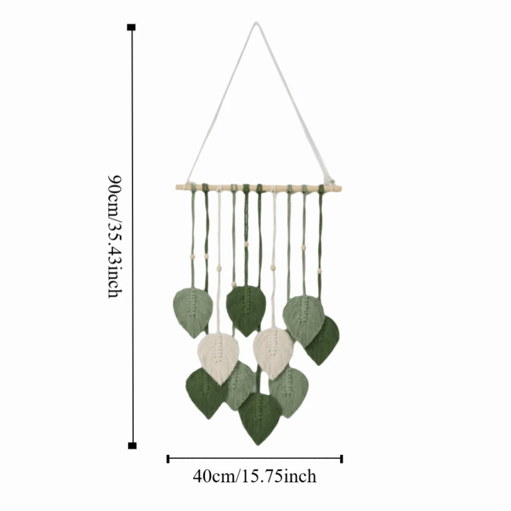 décoration murale boho feuilles coton tissage vert blanc rose artisanal