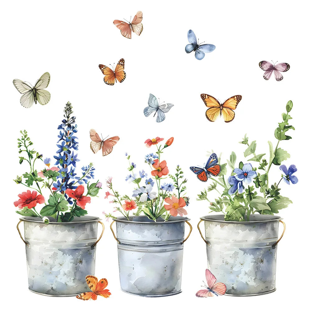 autocollant fenêtre multicolore fleurs pots métal vieilli papillons champêtre floral 38cm 30cm