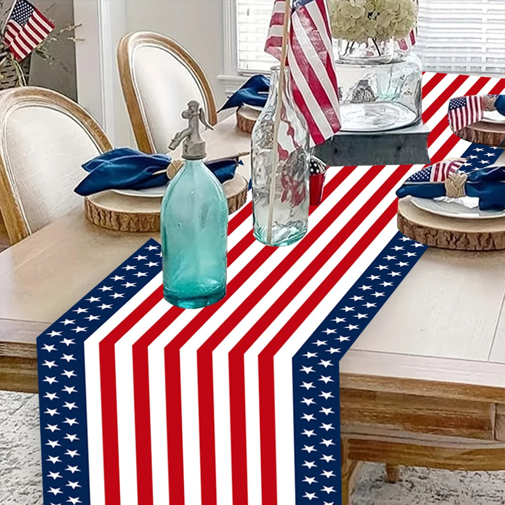 table runner polyester rouge blanc bleu motifs rayés étoiles drapeau américain anniversaire fête indépendance