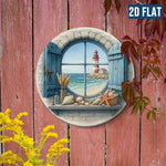 cadre mural vintage océan coucher soleil bleu gris marron bordure métallique vieillie 20x20cm