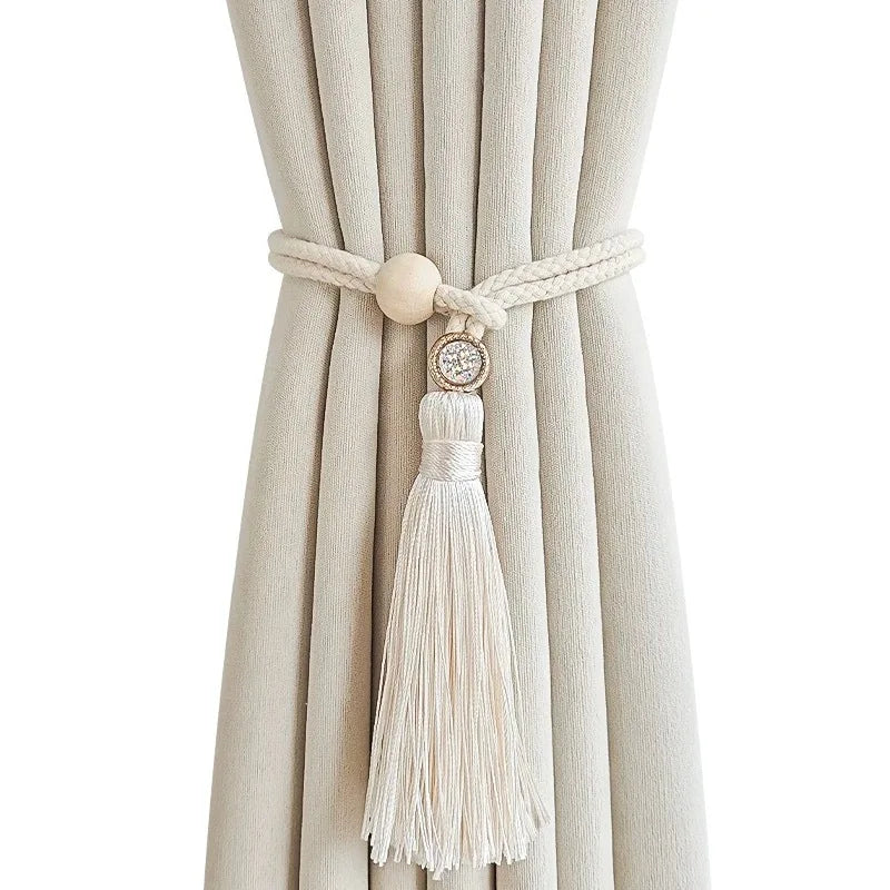 rideaux bohèmes attache corde coton bois pompon frange décoratif scandinave rustic