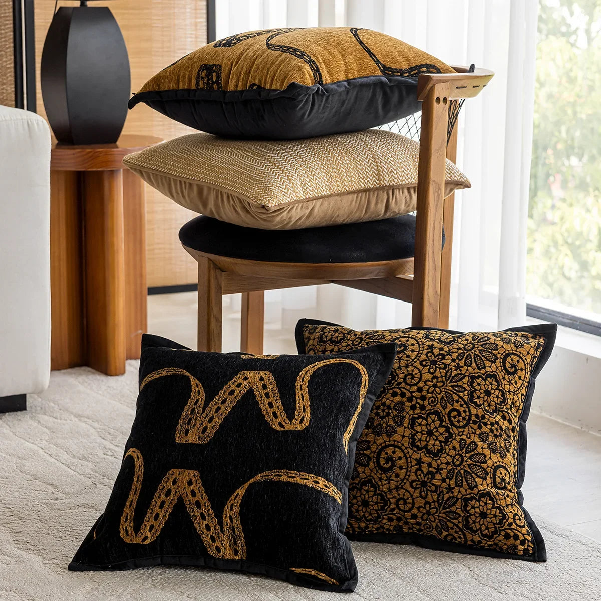 housse coussin géométrique noir marron moderne 45x45cm polyester coton décoration intérieure voiture