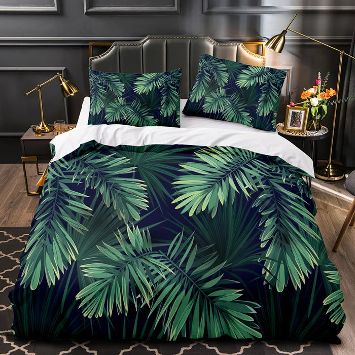 Housse de couette tropicale feuilles vertes sur lit Queen