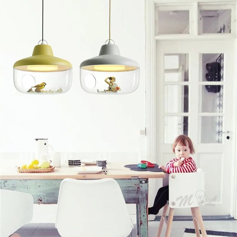 pendants led suspension chambre salon original oiseaux enfants dinosaures abatjour transparent Blanc