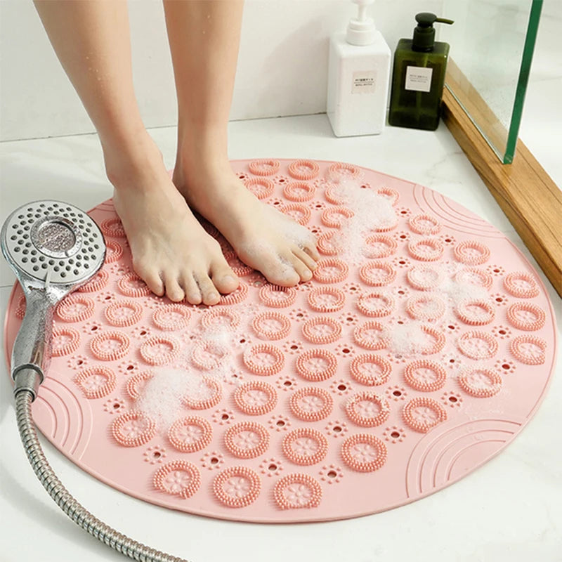 tapis bain circulaire texturé motifs floraux bleu rose moderne adhésif salle bain douceur antidérapant