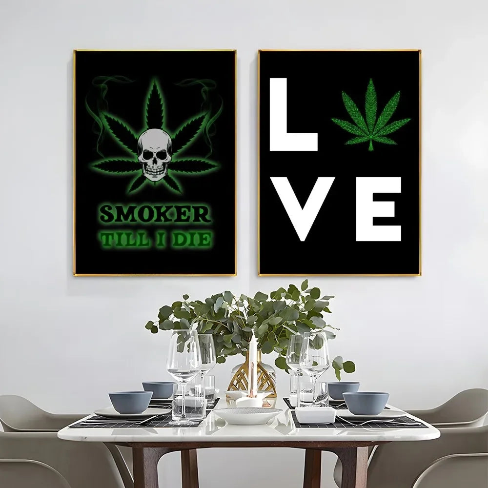 affiche graphique pop art crânes cannabis lettrage noir vert opaque sans cadre