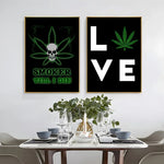 affiche graphique pop art crânes cannabis lettrage noir vert opaque sans cadre