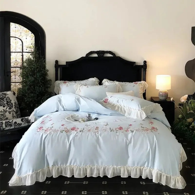ensemble literie rose clair broderie fleurs papillons queen size coton égyptien 1000tc doux respirant