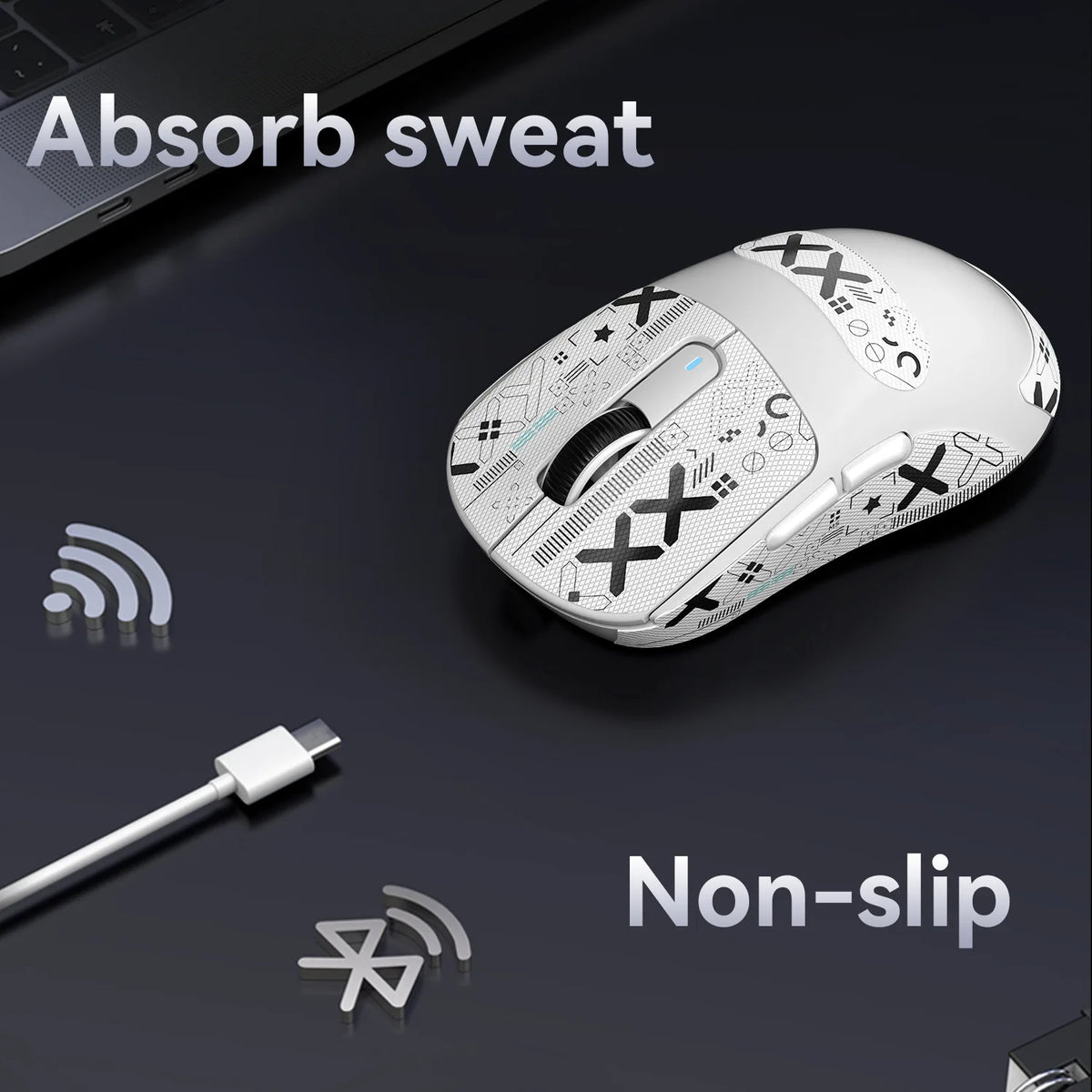 souris jeu cuir antidérapant graphique blanc moderne adhésif feuillets antidérapants cable usb bluetooth