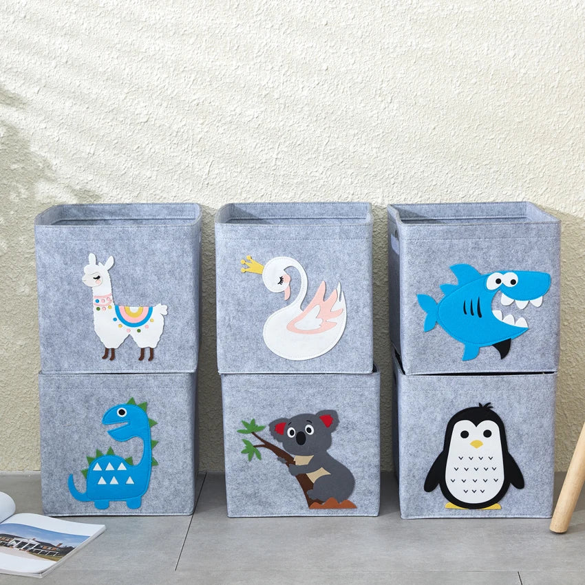 boîte rangement tissu felt pliable animaux motif gris clair enfant jouets vêtements poignées