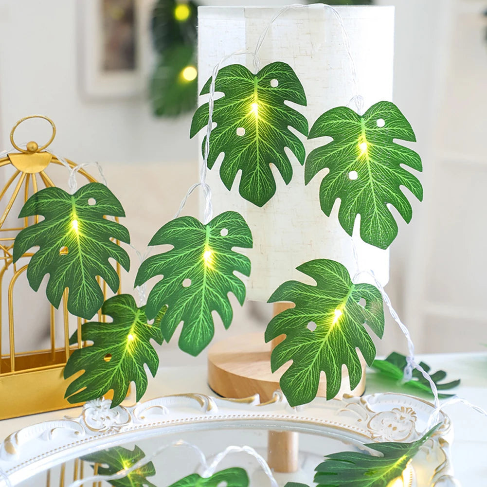 guirlande feuilles vertes led festives decoration feuille monstera lumiere jaune deco mur plantes artificielles