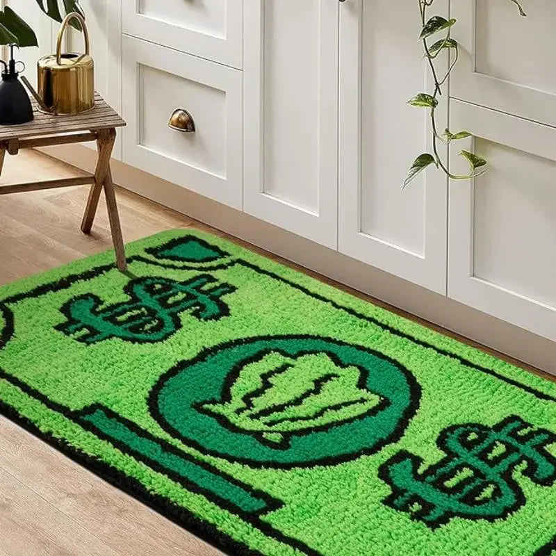 tapis vert imitation billets dollars poilus antidérapant humour salle bain cuisine entrée rectangle polyester