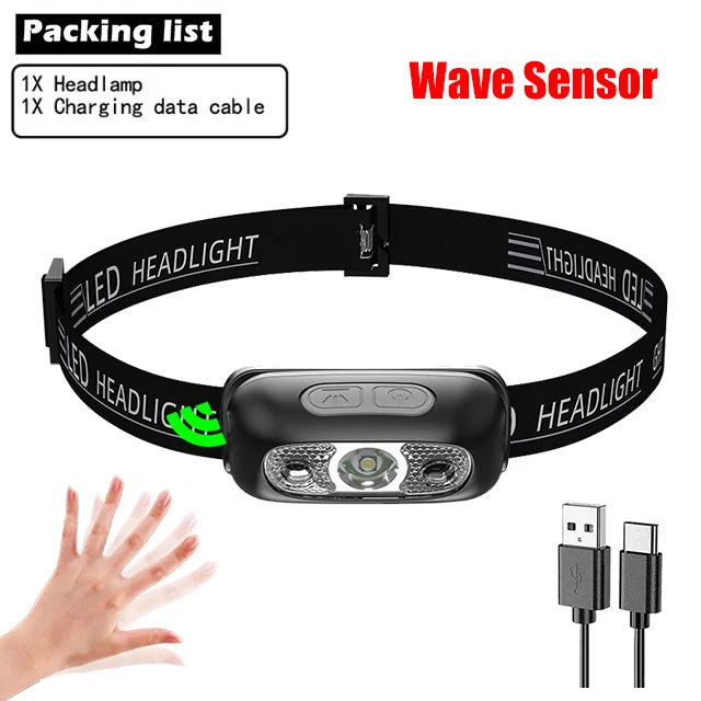 lampe frontale led noir orange rayures indicateur charge ceinture ajustable
