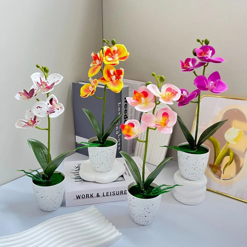 Orchidées artificielles blanches roses jaunes bleues décoration maison pots fleurs simples feuilles vertes modernes