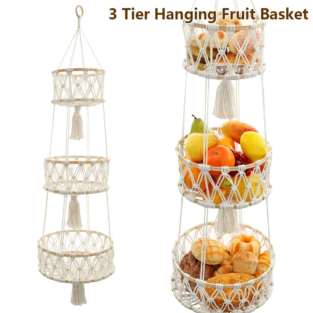panier suspendu trois niveaux tressé bohème oranges poires plantes vertes livres jouets decoration cuisine