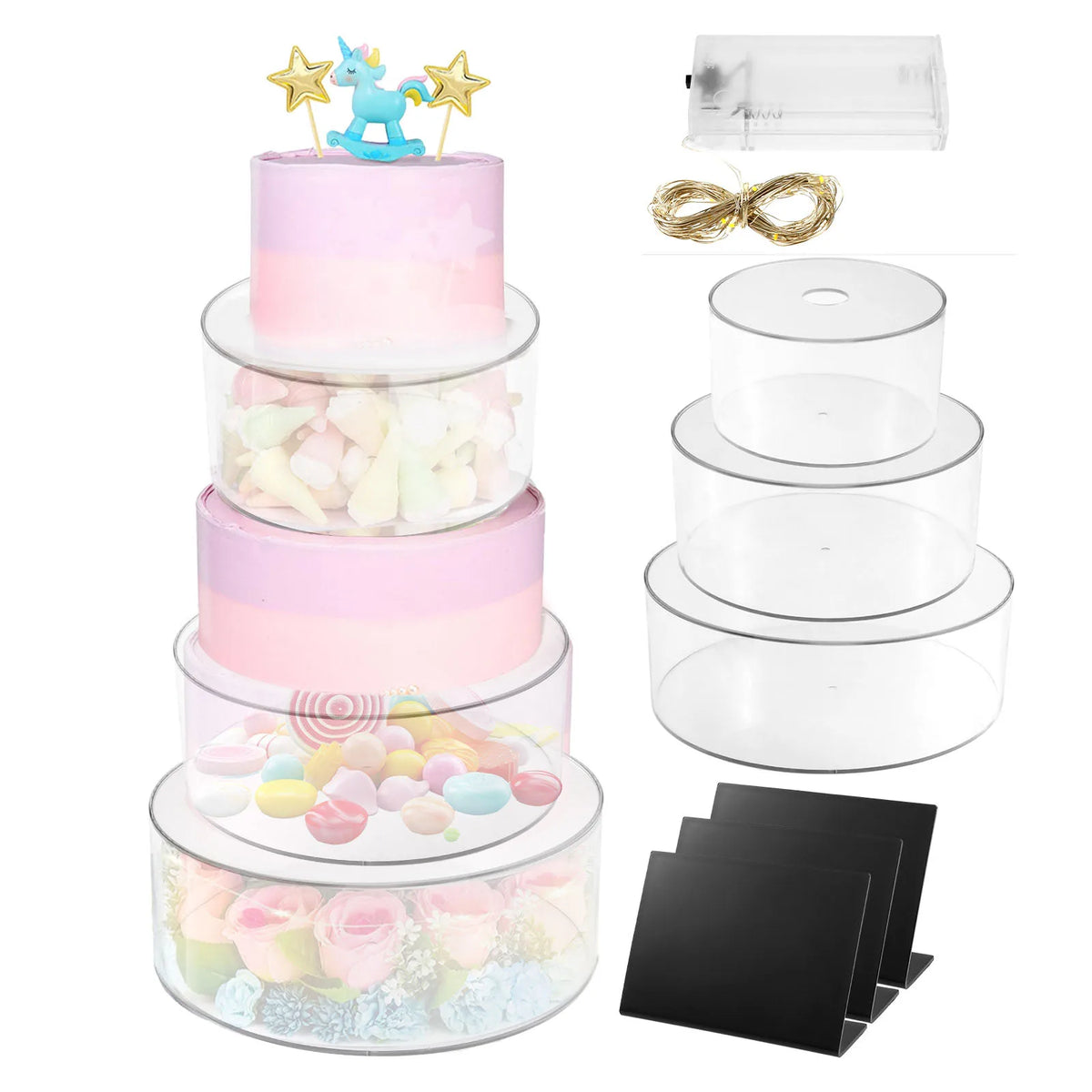 support gâteaux transparent moderne exposition pâtisserie anniversaire mariage décoration table respectueux environnement couvertures motifs