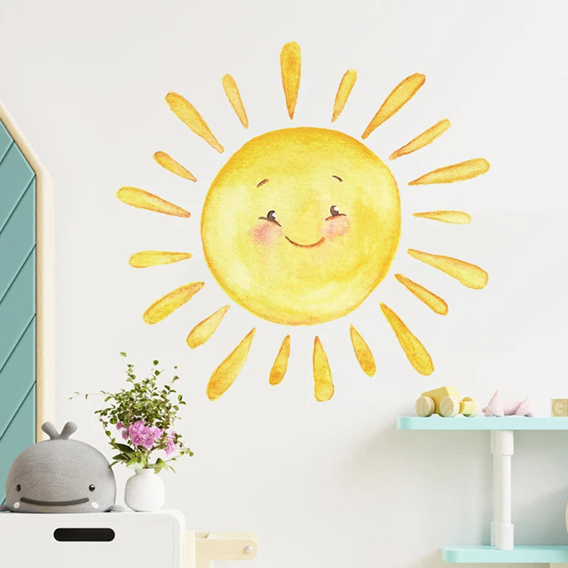 sticker mural multicolore dessin animé enfantin adhésif jaune orange rose blanc soleil
