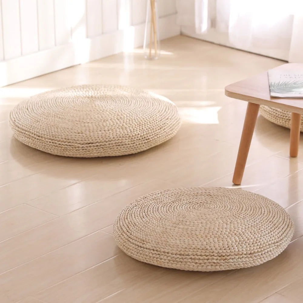 coussin sol rustique tissé motifs concentriques naturel antidérapant respirant épais yoga méditation