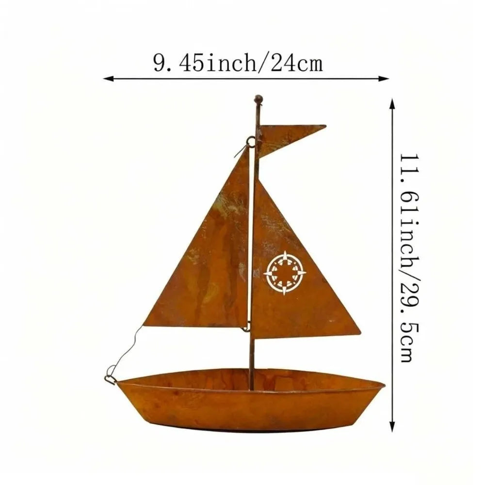 pot fleurs bateau métal vintage marron rustique compas succulentes decoratif