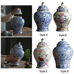 vase bleu blanc pot épices céramique couvercle poignée ornements floraux classiques