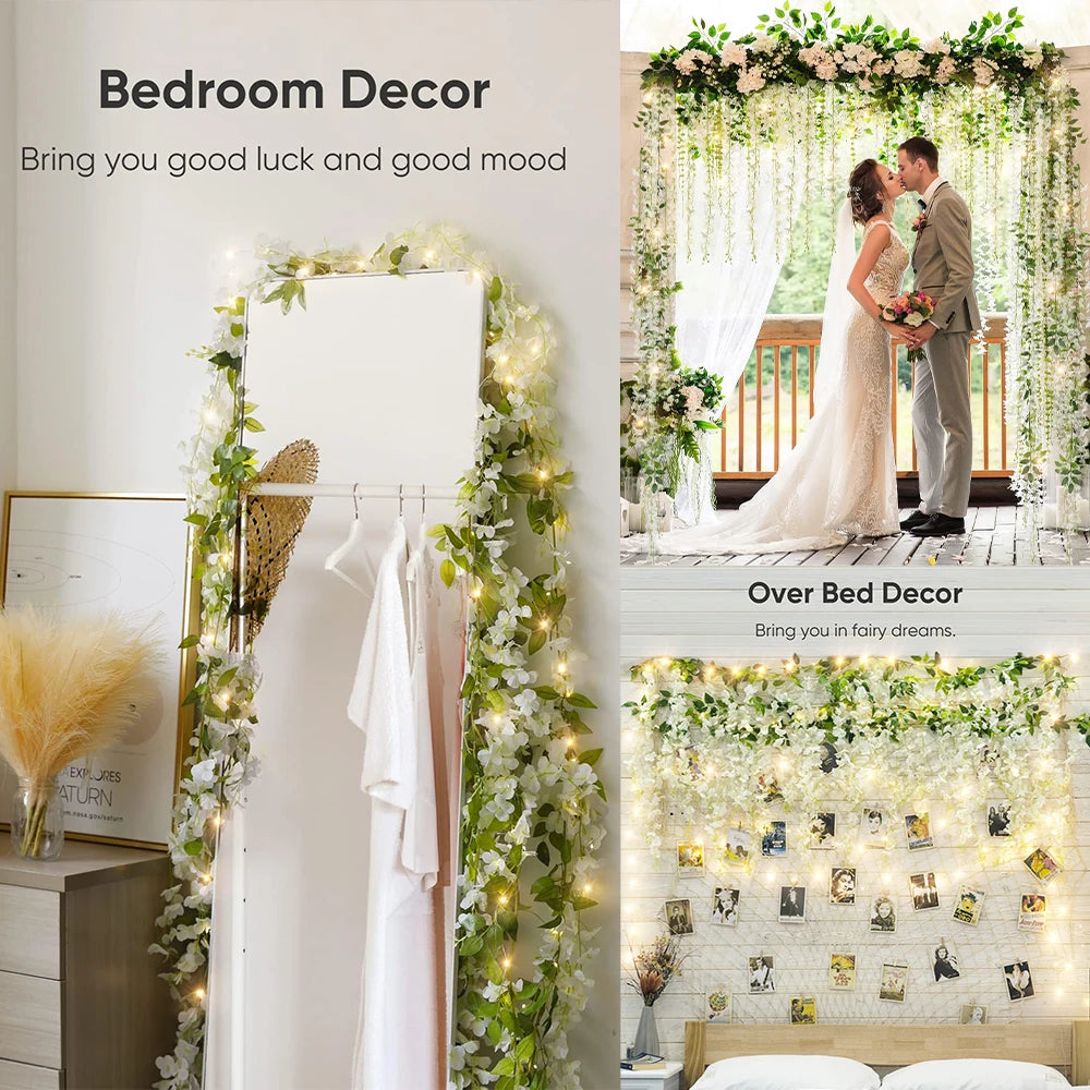 guirlande fleurs artificielles blanc vert intérieur mariage romantique décoration chambre coucher festive