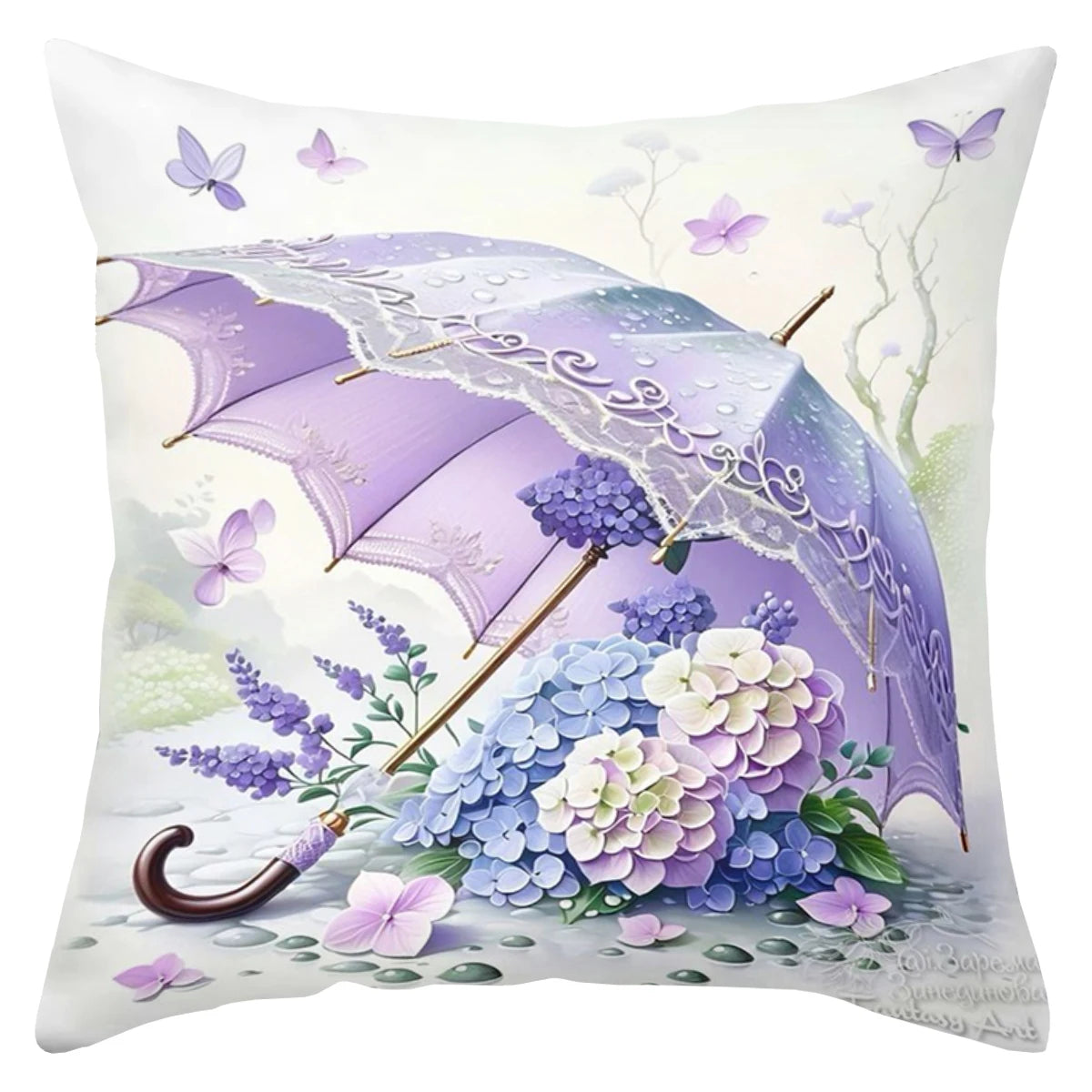 coussin violet fleurs tulipes lavande marguerites 45cm 45cm décoration intérieure sofa chambrehôtel illustration française