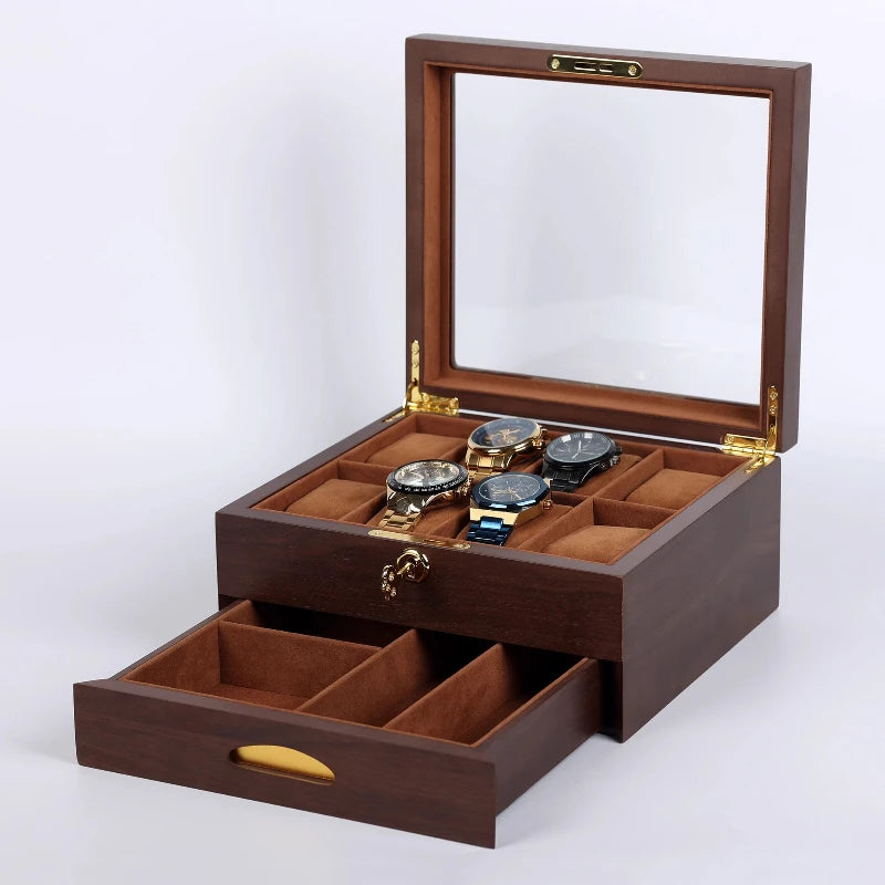boîte montres bois marron classique slots étages transparente serrure montres rangement élégante