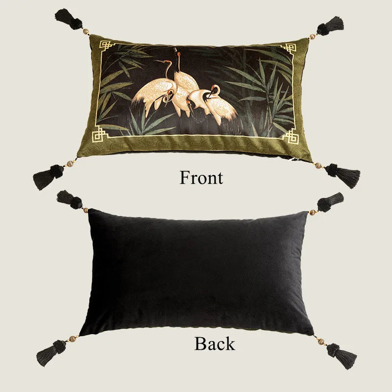 coussins decoratifs velours oiseaux blancs bambou vert pompons noirs classique oriental deco maison