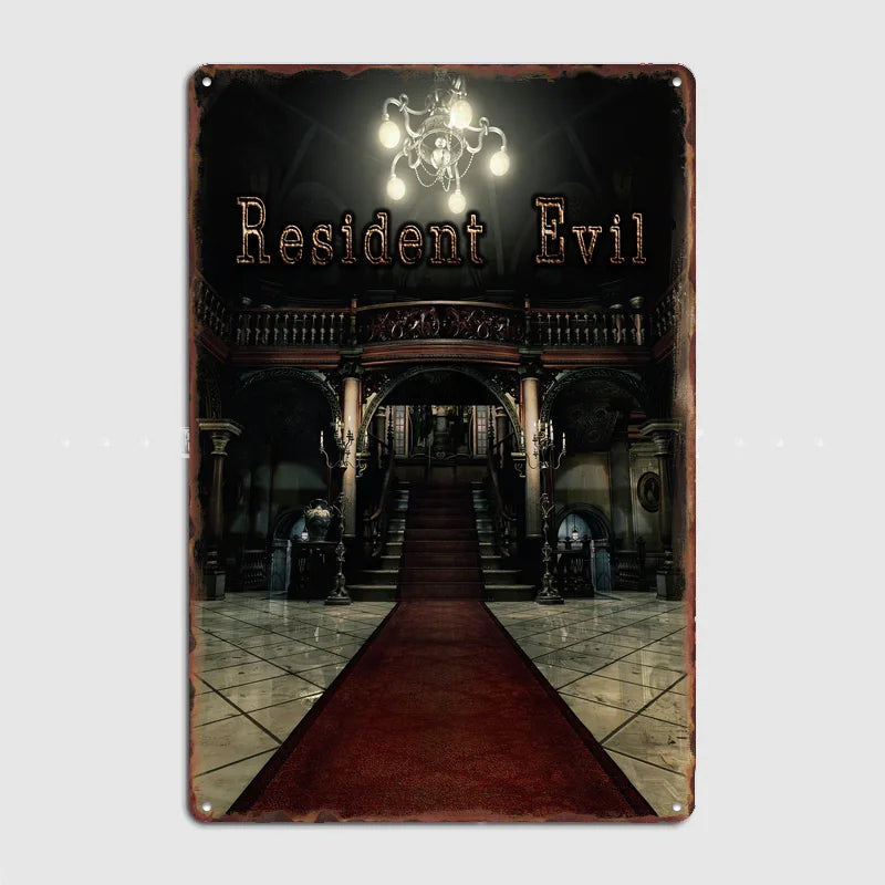 plaque métallique vintage resident evil escalier boissons alcoolisées noir blanc rouge