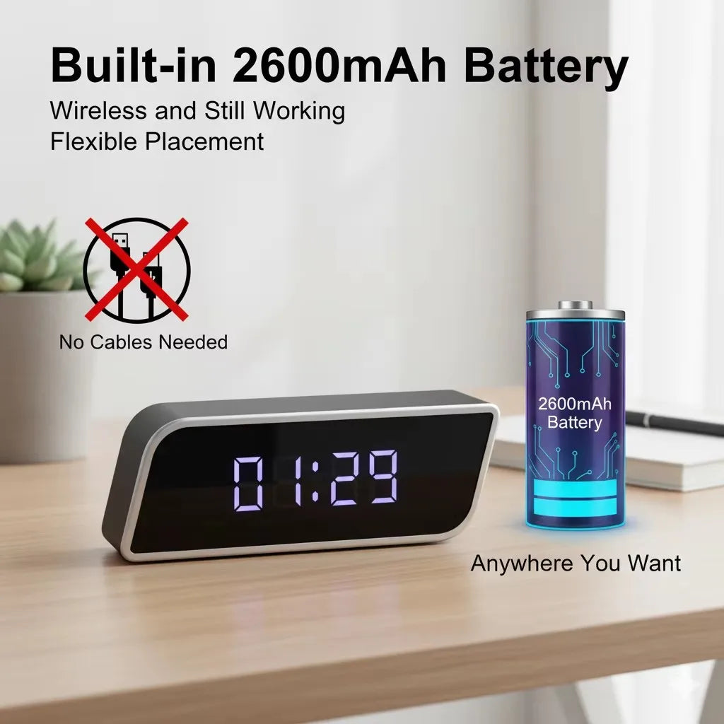 caméra horloge numérique full hd wifi vision nocturne batterie microsd noir bleu moderne