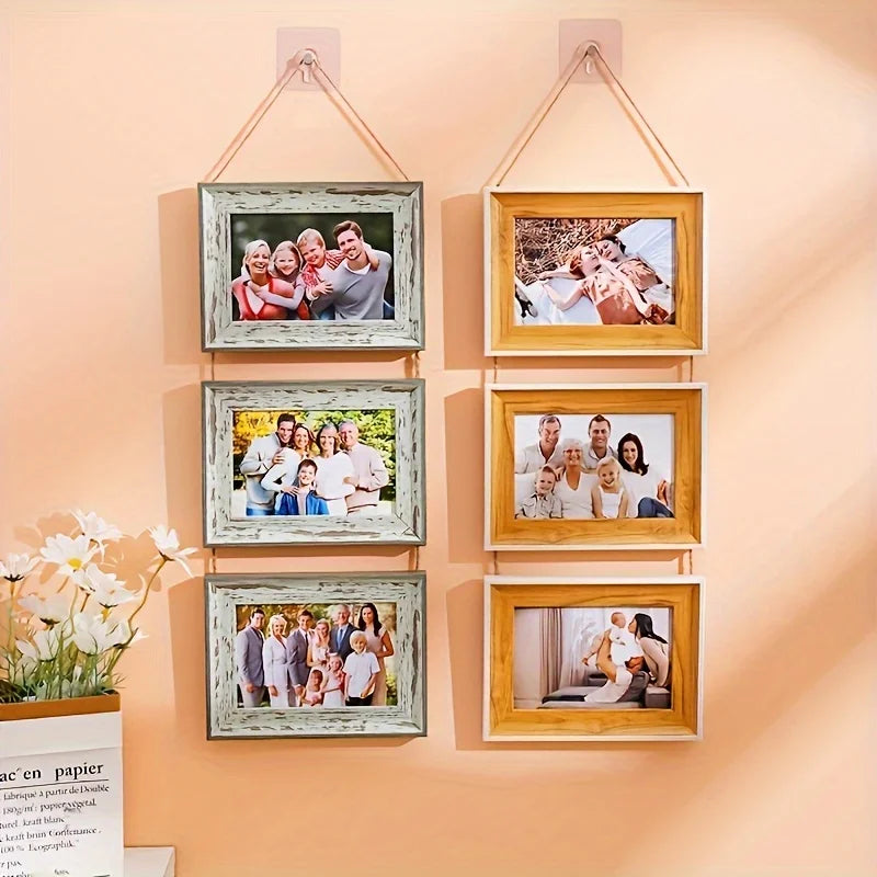 cadres photo suspendus ensemble decoratif rustique familial beige clair blanc texturé