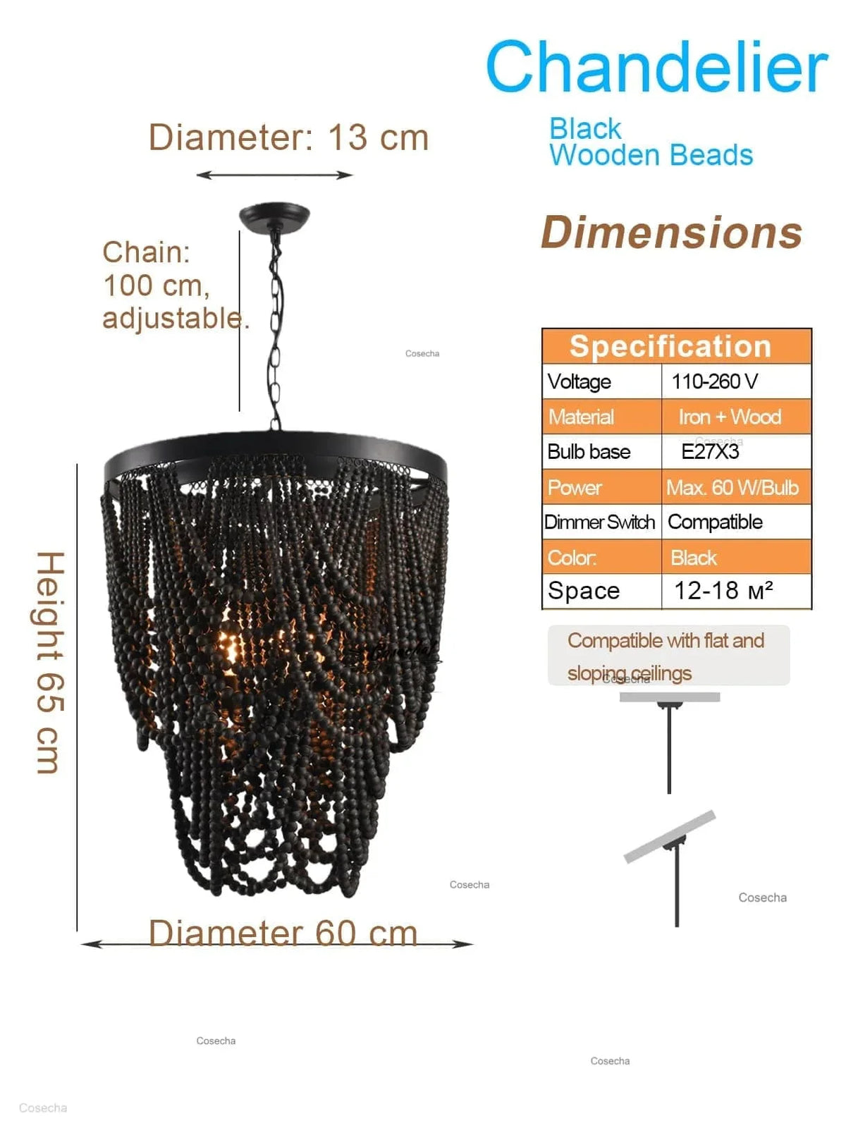 lampe suspendue bois blanc noire chaîne dorée classique vintage chambre cuisine salle manger