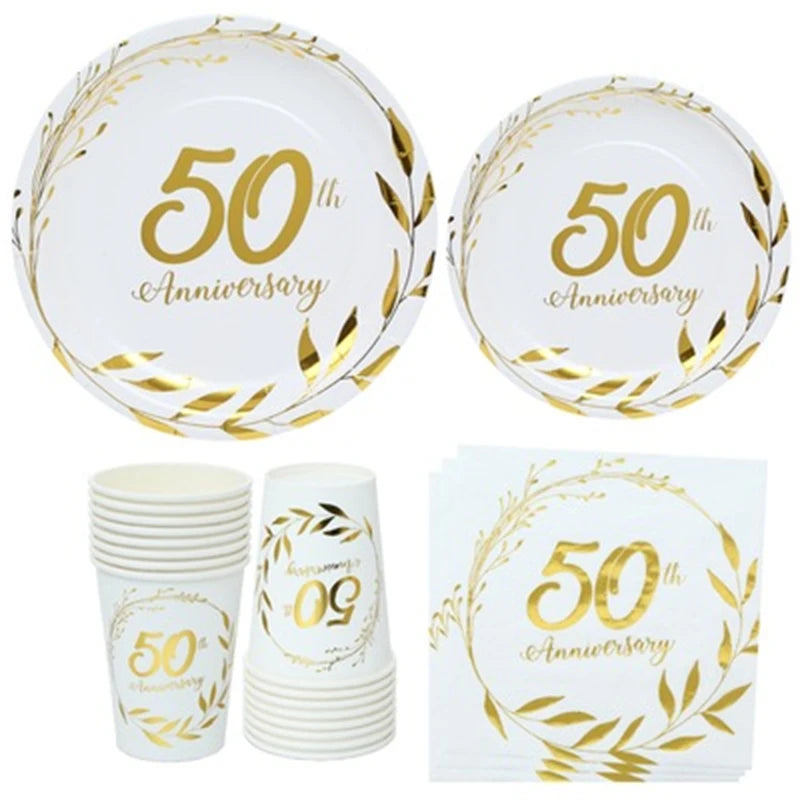assiettes jetables dorées festives 8pcs anniversaire guirlandes feuilles textes classiques blancs