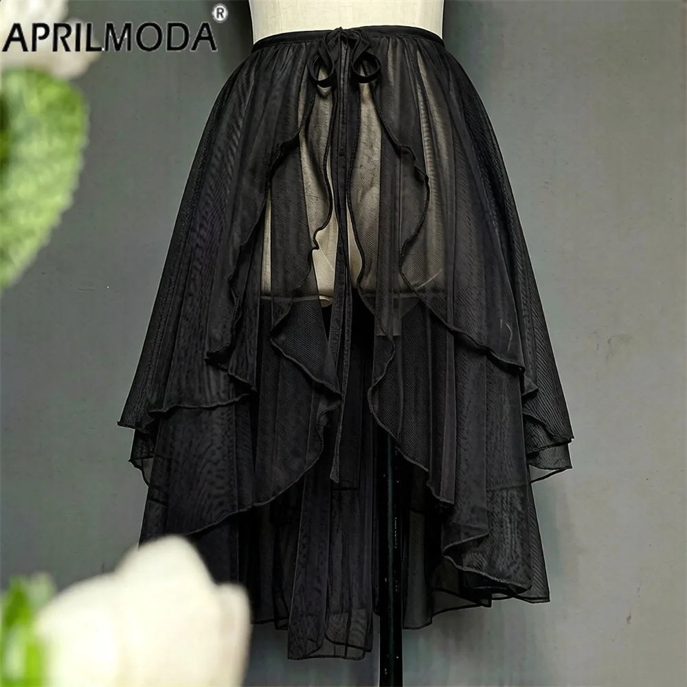 jupe femme lolita asymétrique double couche voile transparent dentelle vintage romantique mi long