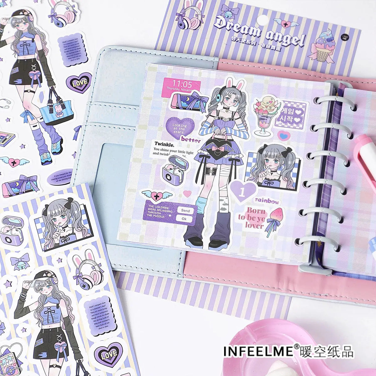 sticker kawaii fille personnages coeurs geometrique textes rose bleu violet doux