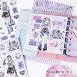 sticker kawaii fille personnages coeurs geometrique textes rose bleu violet doux