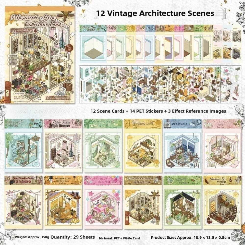 livre scènes miniatures illustrations vintage intérieurs autocollants cartes référence adultes