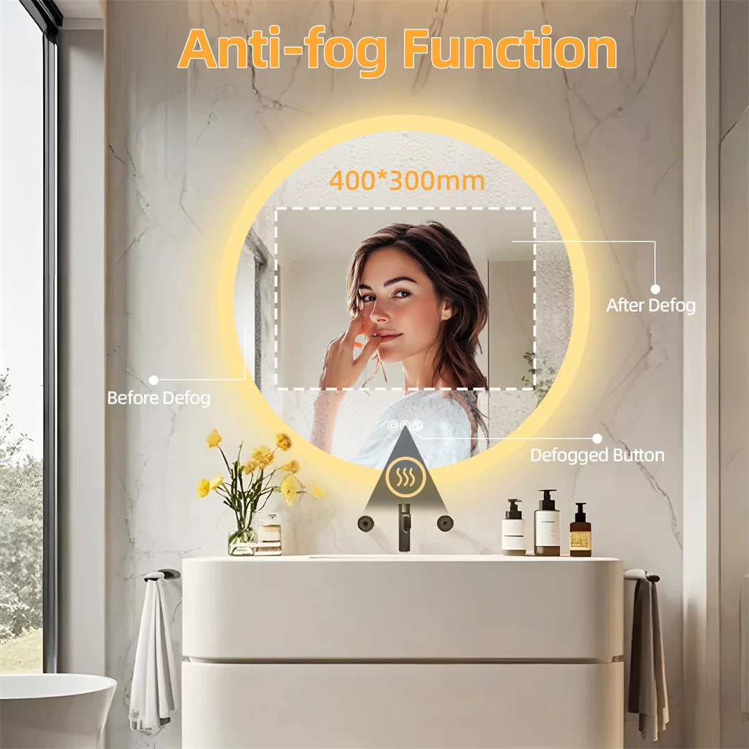 miroir rond moderne blanc notes musicales éclairé bluetooth anti buée led multifonctionnel défogging adjustable