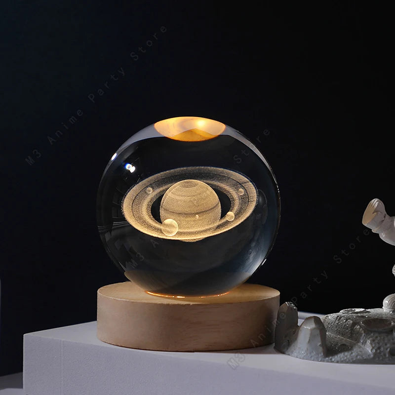 veilleuse globe céleste transparent doré planètes galaxie câble usb base bois deco chambre