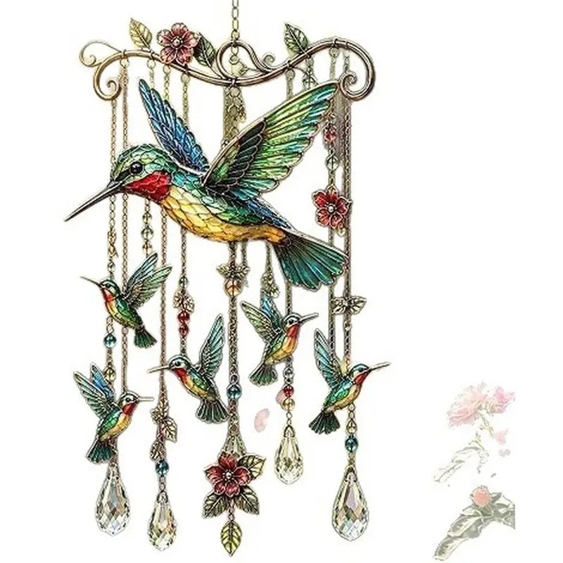 cloche vent colibris fleurs chaînes dorées artisanal jardin vert bleu rouge or