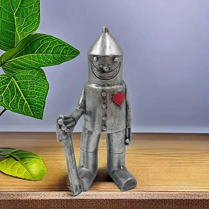 figurine robot argenté résine artisanale coeur rouge poignée bois vintage extérieur jardin decoration moderne