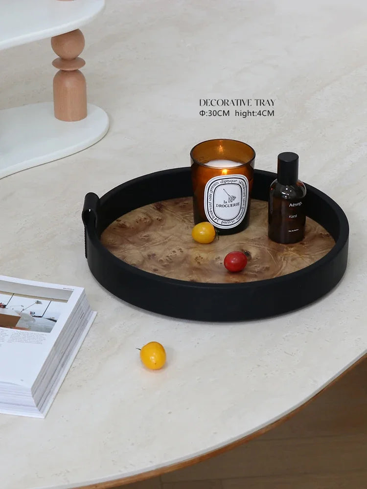 plateau decoratif bois noir minimaliste poignees moderne rangement accessoires sophistique transporte facilement