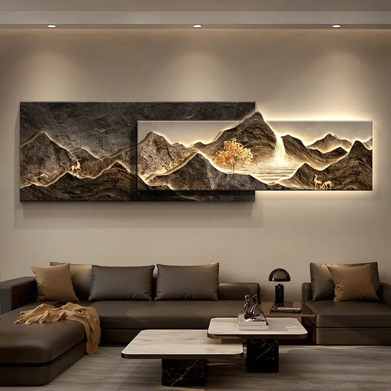 tableaux decoratifs muraux modernes paysagistes cascade arbres effet texturé salon marron foncé