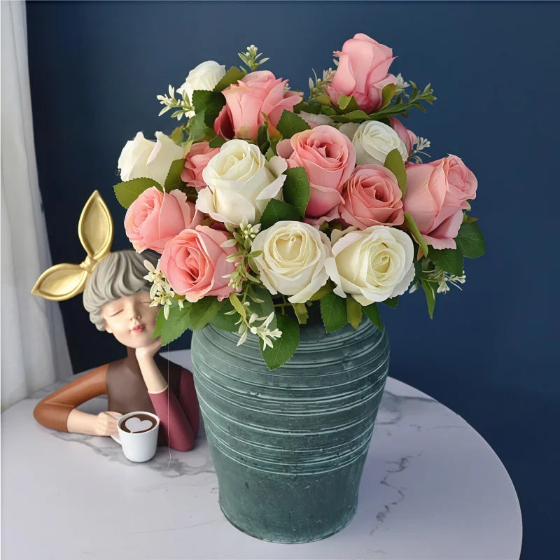 bouquet roses artificielles soie couleurs variées feuilles vertes modernes élégantes intérieur extérieur