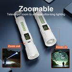 lampe torche blanc moderne résistante chocs zoom télescopique affichage led modes camping